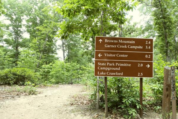 Trail sign showing Brown Mountain Garner Creek Campsite, Visitor Center, and State Park Primitive Campground Lake Crawford