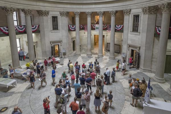 “Large crowd inside the rotunda of Federal Hall National Memorial”