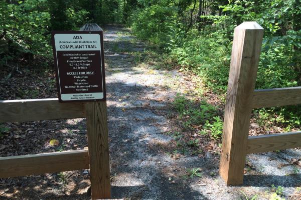 A sign on the trail indicates that this section is compliant with the American with Disabilitie Act.