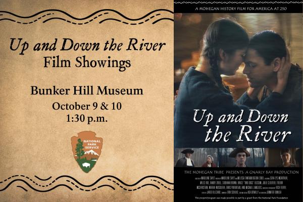 Event graphic with event details. To the right is a movie poster featuring two people embracing.
