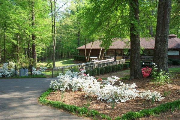 Azaleas bloom along the walkway to the visitor center