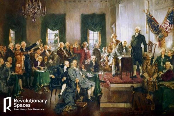 Event graphic with painting of founding fathers in discussion