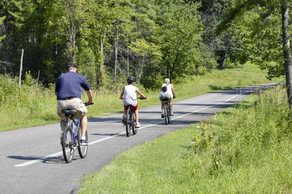 Family of cyclists on paved tour road
