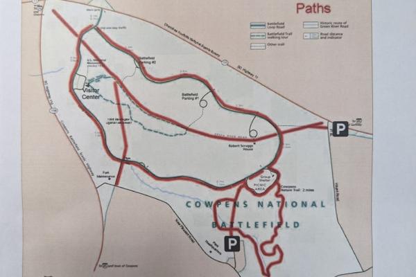 Map of Cowpens National Battlefield with Horse Paths highlighted.