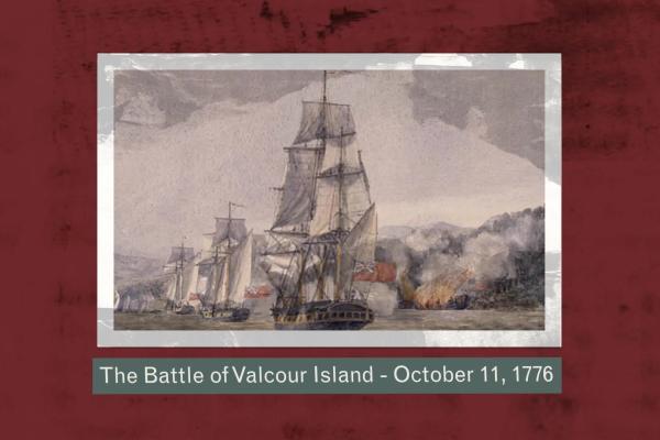 An lithograph of ships at sea from the video The Battle of Valcour Island