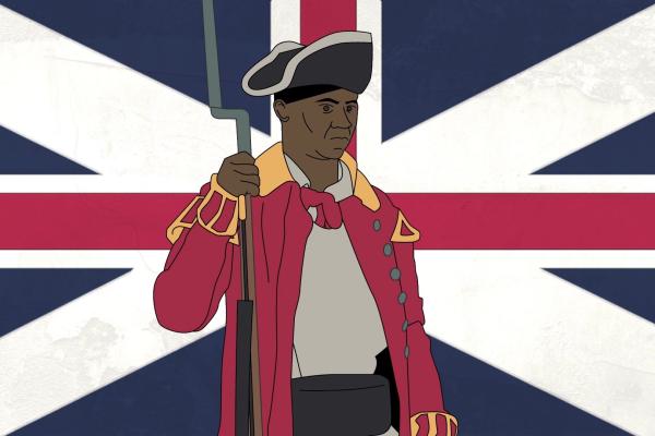 An illustration of Colonel Tye against a British flag