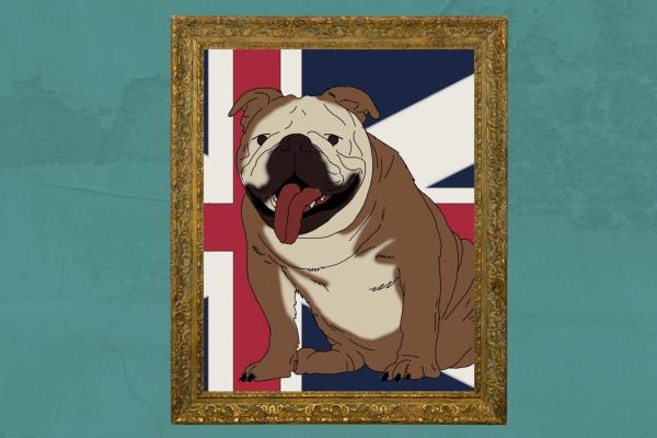 An illustration of framed portrait of a bulldog against a British flag.