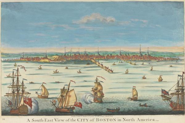 Hand-coloured engraving of the South-East View of Boston