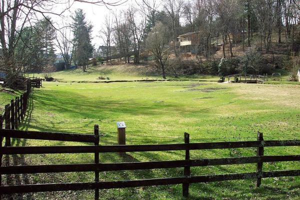 A green field inside a wooden fence with trees and homes visible in the background. Preserved portion of the original muster field where Virginia patriot militia gathered on September 23, 1780.