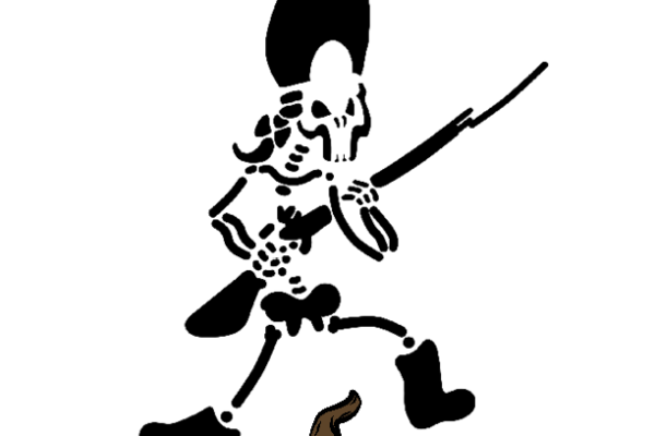 A skeleton pumpkin stencil for Halloween. It shows a skeleton British soldier with musket.