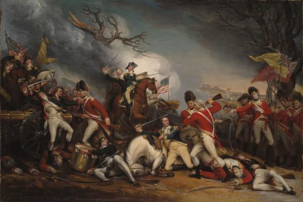 A painting illustrating British grenadiers bayoneting Gen. Hugh Mercer.