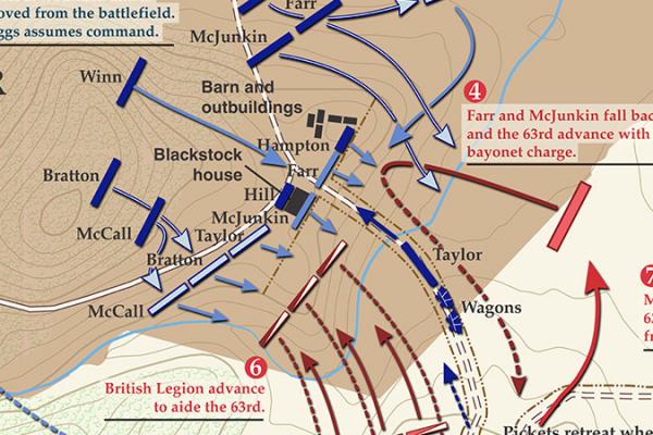 Map of the Revolutionary War Battle at Blackstock's Farm, SC Nov 20, 1780