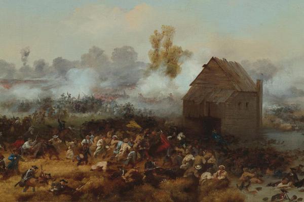 An 1858 painting of the battle of Long Island. Soldiers swarming around a colonial era house