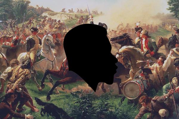 A silhouette of an African-American man overlaid over an painting of the Battle of Monmouth.