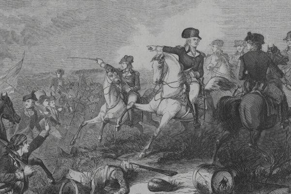 An engraving of Charles Lee and George Washington at the Battle of Monmouth