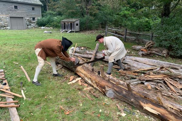 Two men dressed in historical clothing saw a large log