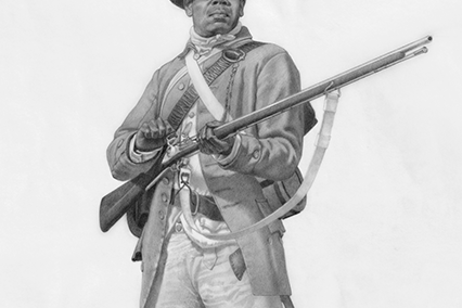 Sketch of a black man in 1770's militia clothing stands with musket in hand