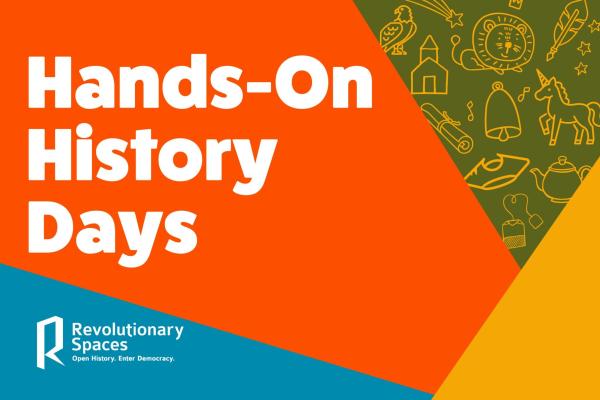 Multi-colored Hands-On History Event Graphic with some doodles of colonial items.