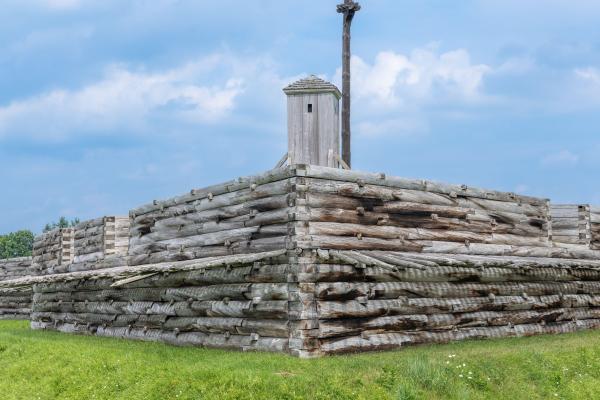A vibrant flag waves over the walls of a wooden fort.