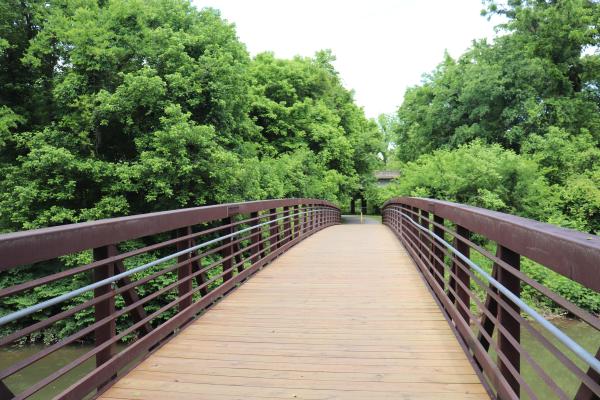 A walking bridge with trees in the background.