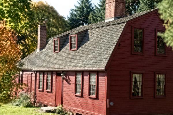 Red gambrel-roof farmhouse built in 1754 with center fireplace