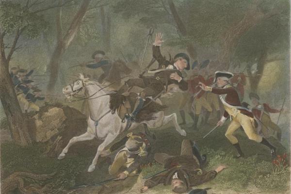 Engraving depicting the death of British Major Patrick Ferguson at the Battle of Kings Mountain during the American Revolutionary War, October 7, 1780.