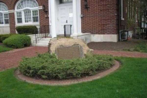 A bronze plaque mounted on a stone surrounded by greenery commemorates a June 23, 1780 militia action that halted a British advance toward Morristown.