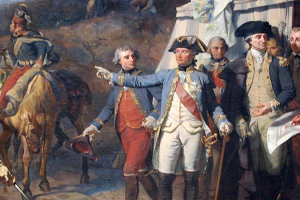 This painting depicts a commander leading his troops at Yorktown.