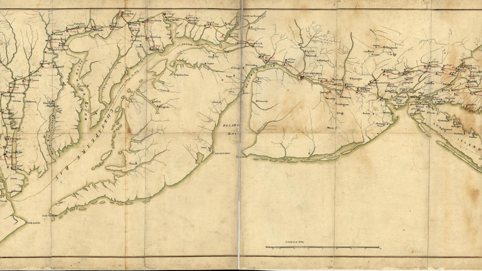 18th-century map of a portion of the Washington-Rochambeau Revolutionary Route National Historic Trail