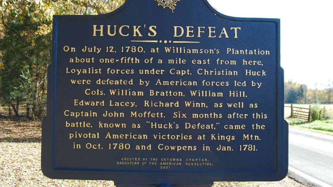 Image of a historical marker sign denoting Huck's Defeat