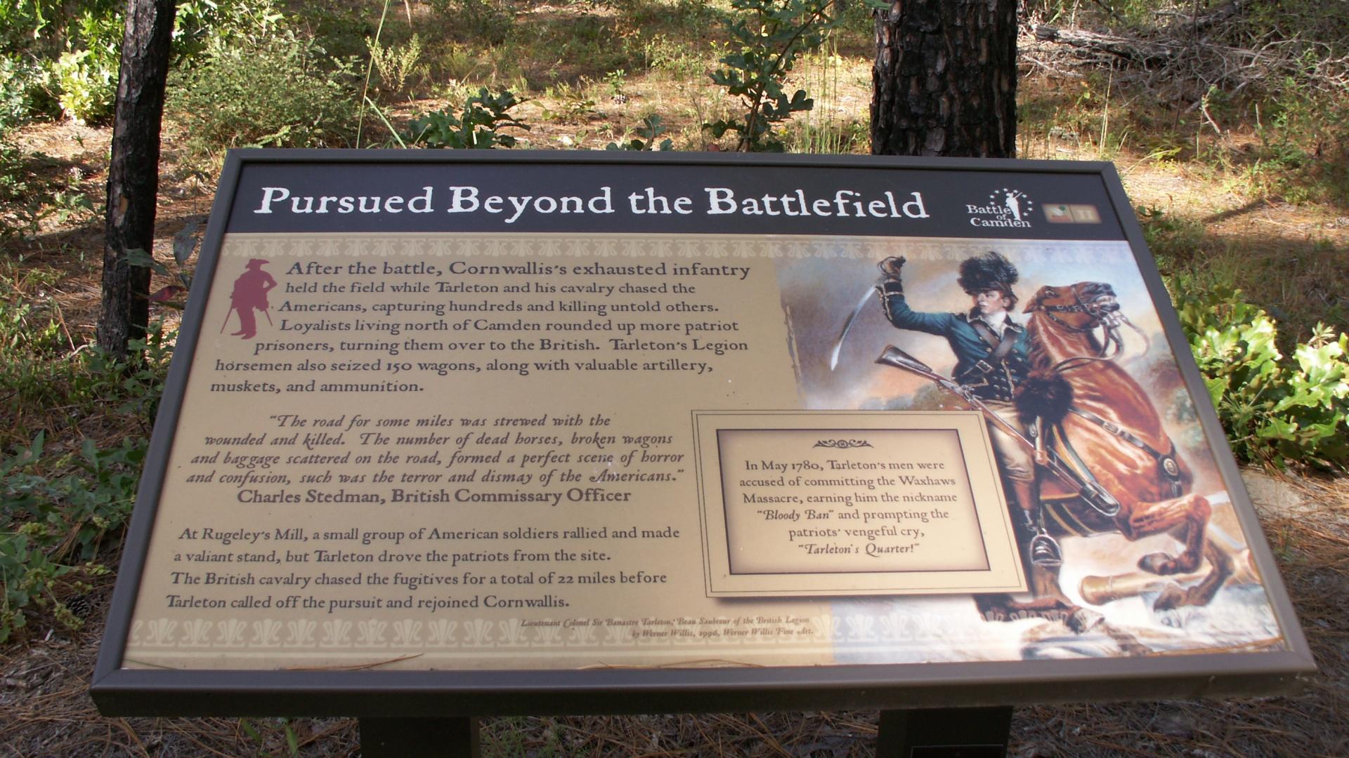 Image of the park sign at Rugeley's Mill State Park with the title  "Pursued Beyond the Battlefield"