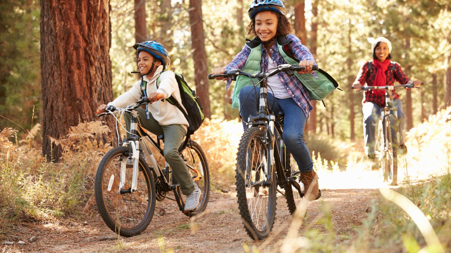2 children and a woman riding bicycles on a forest path
