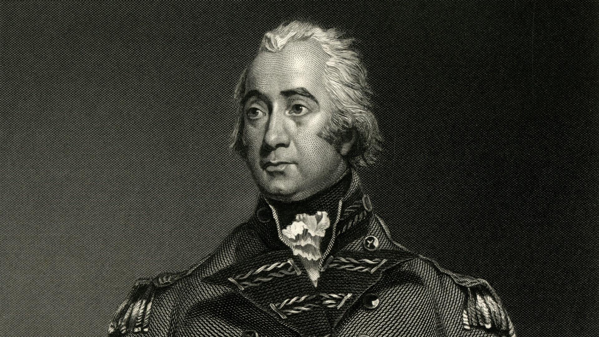 a black and white illustration of Lord Rawdon