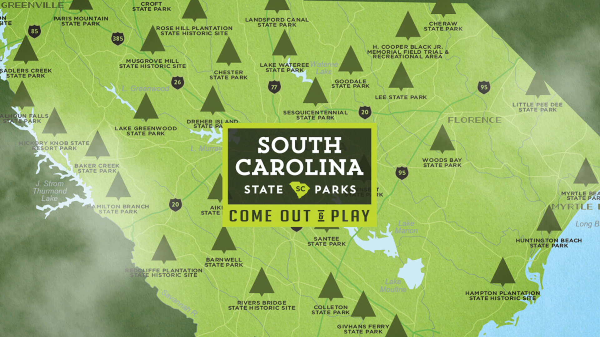 A map of South Carolina with South Carolina State Park Logo