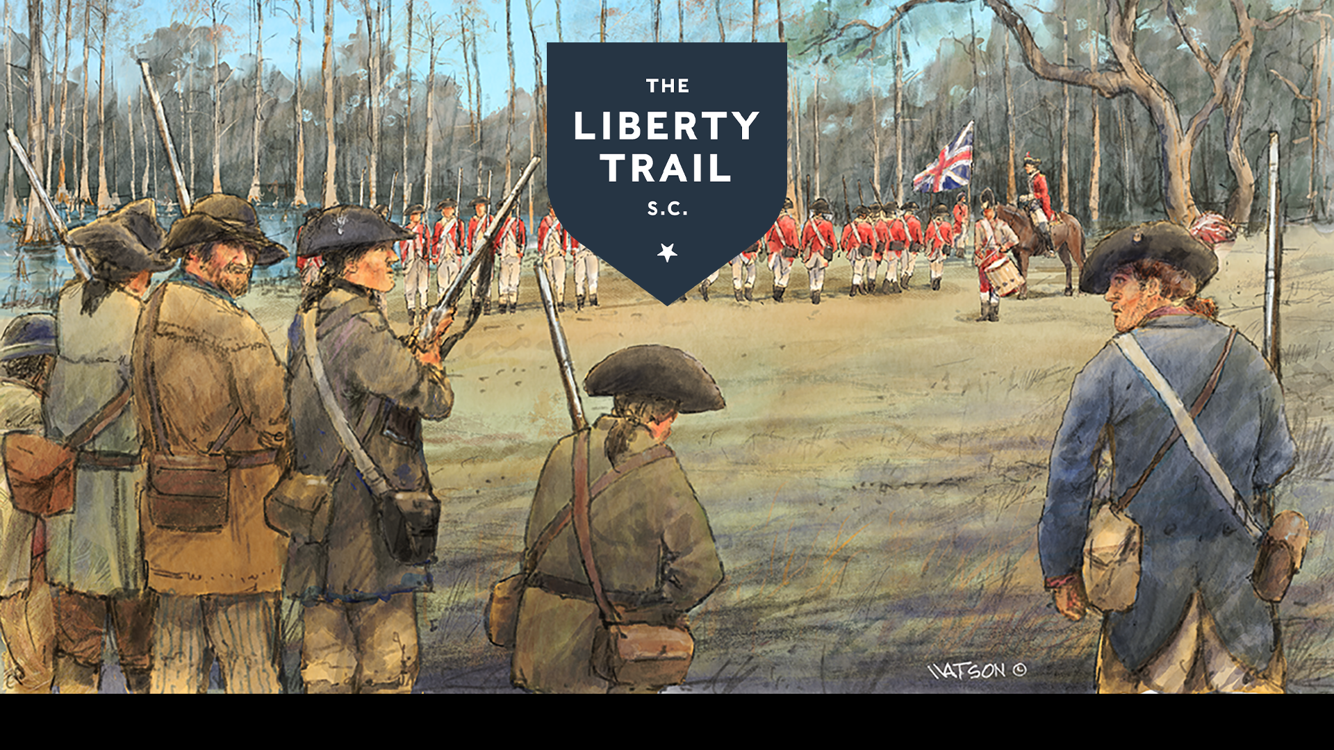 illustration of a revolutionary war battle with the Liberty Trail logo atop