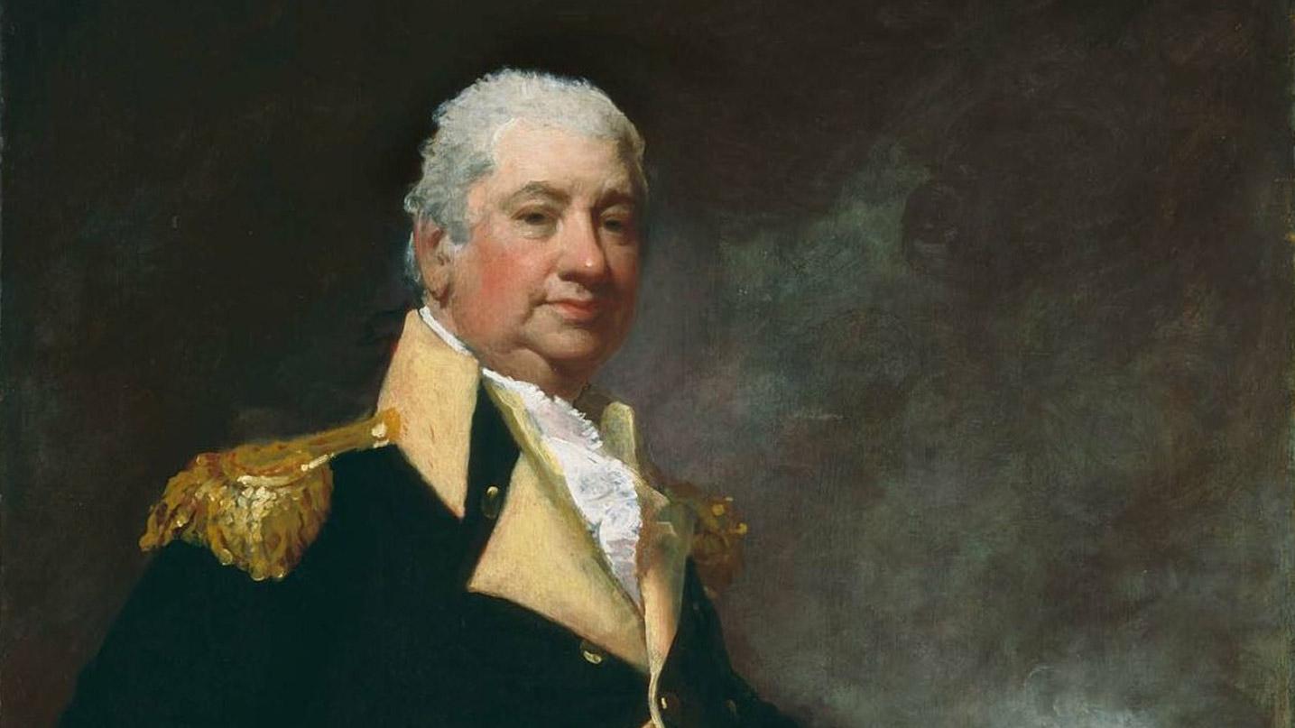 A protrail of Henry Knox leaning on a cannon