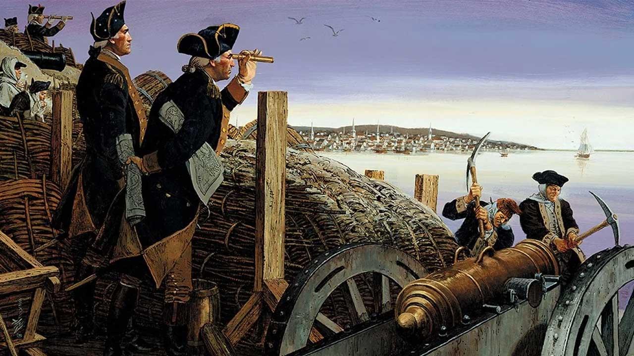 American soldiers overlook Boston from Dorchester Heights