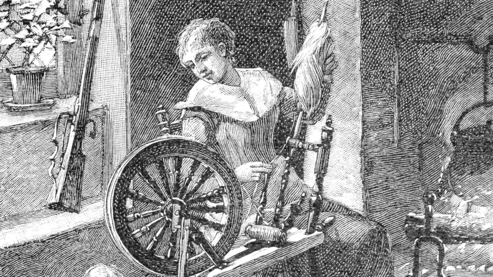 Sketch of a woman spinning in a colonial kitchen.
