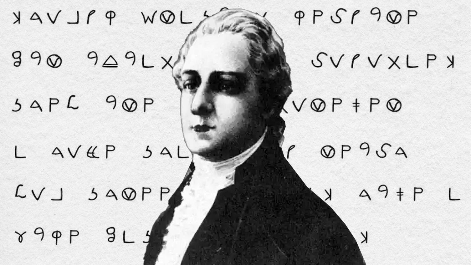 Portrait of Dr. Benjamin Church with spy codes behind him