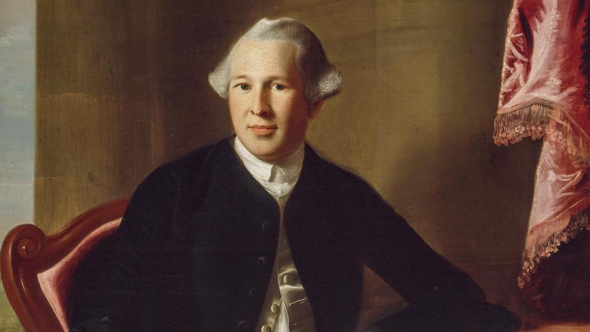 Painting of a seated man with a black coat and white wig.