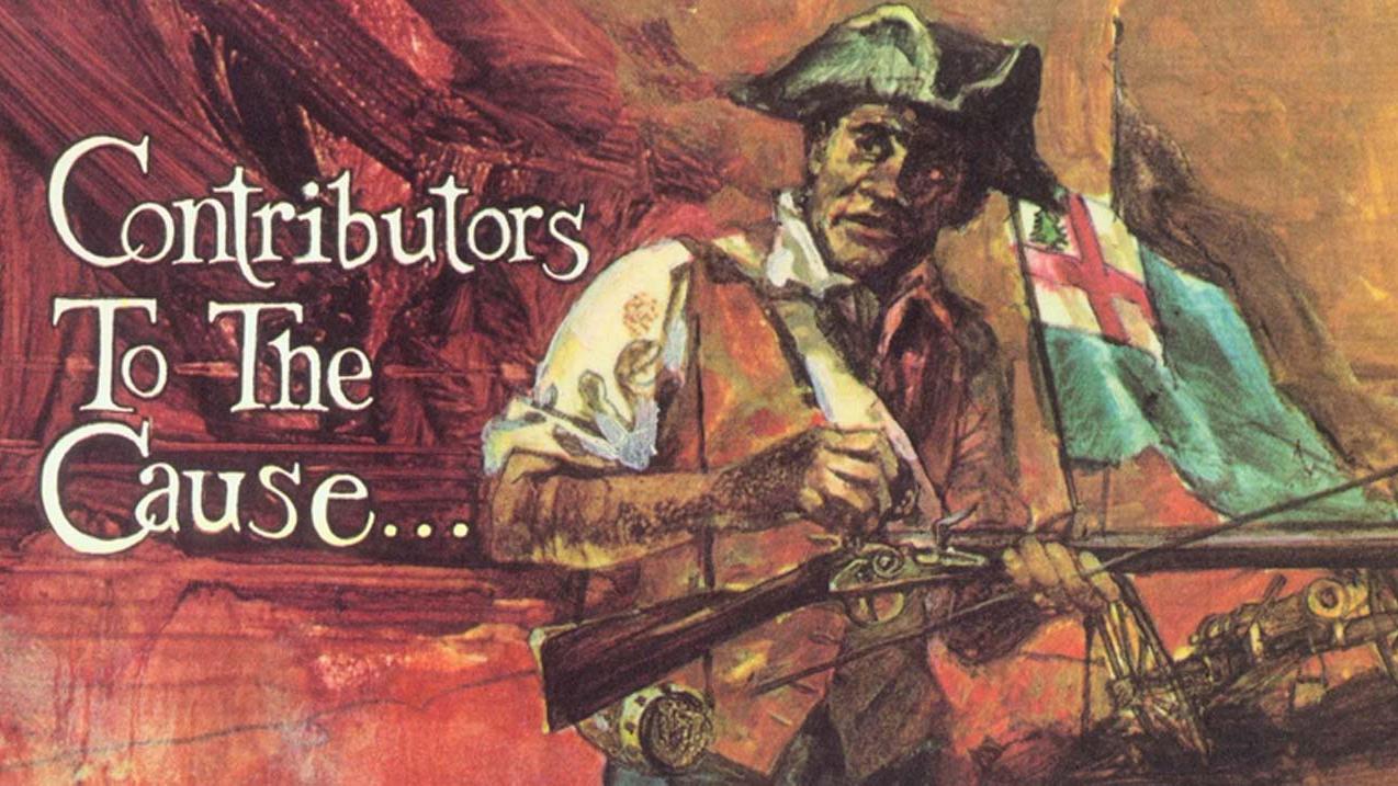 An African-American soldier in Revolutionary garb holding a rifle
