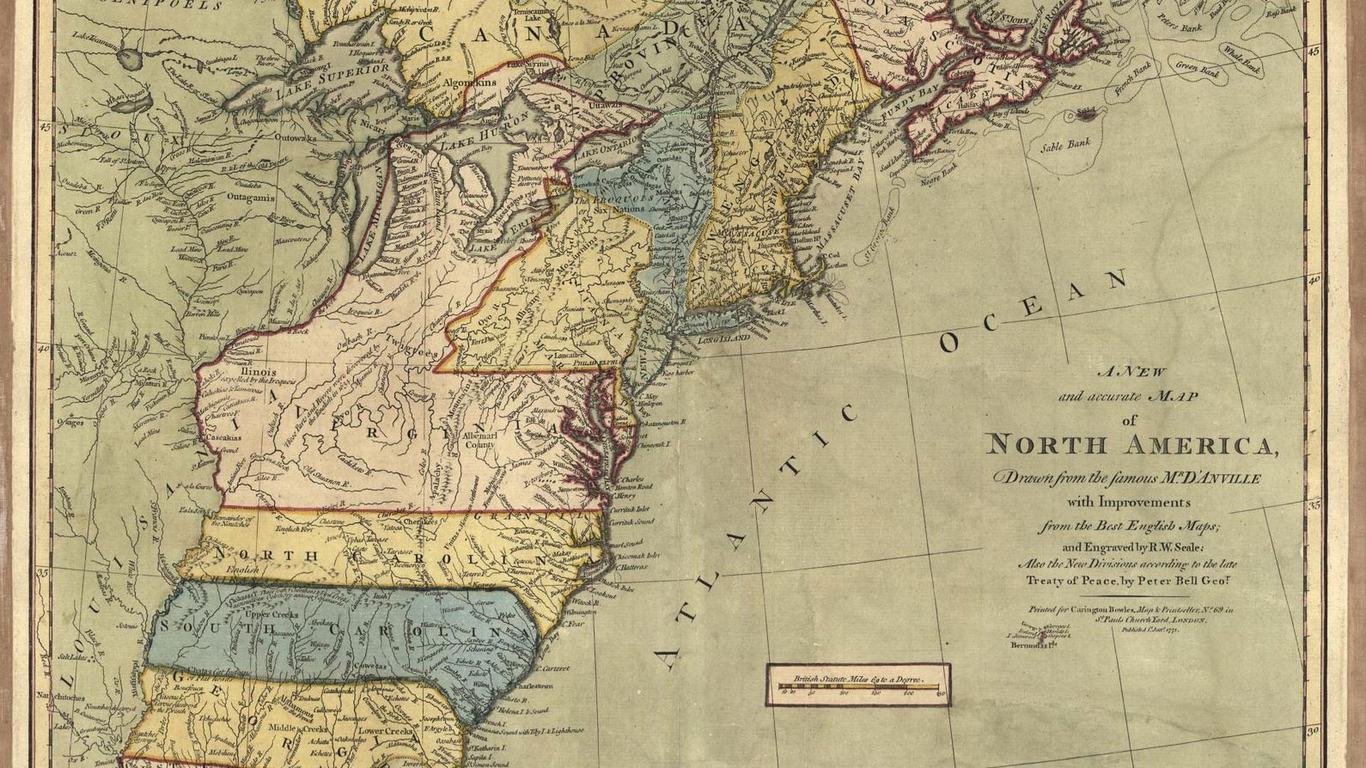 A historic map depicting the original 13 colonies