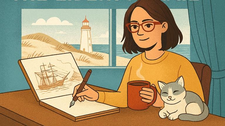 A woman sits at her desk writing in her journal with a cup of coffee and a cat. There is a lighthouse just outside her window inspiring her writing. 