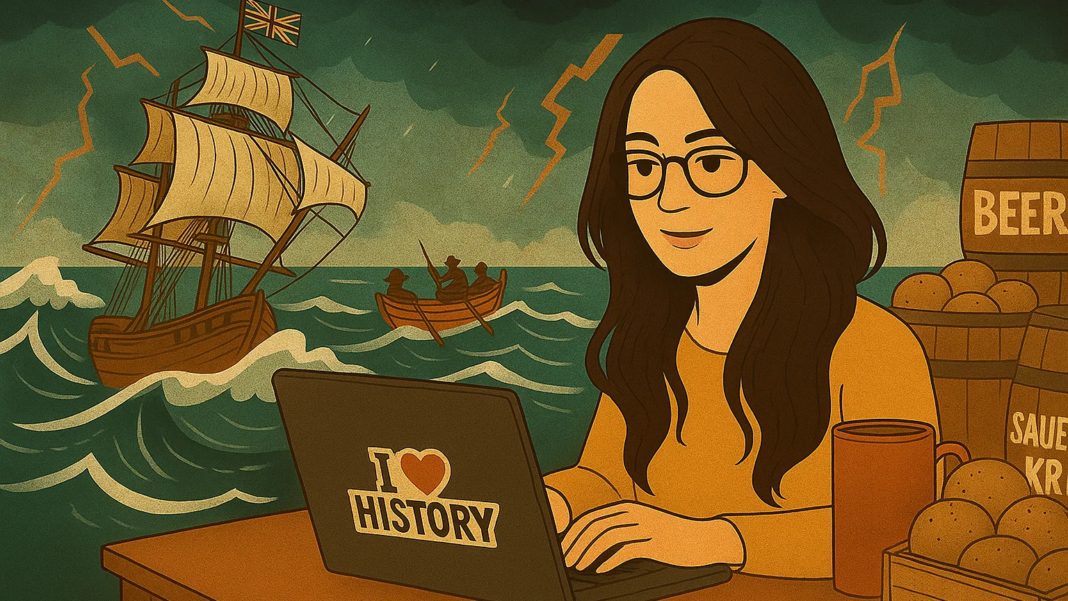 A woman sits at her desk writing in her journal with a cup of coffee surrounded by barrels and potatoes. There is a whimsical nautical scene behind her.