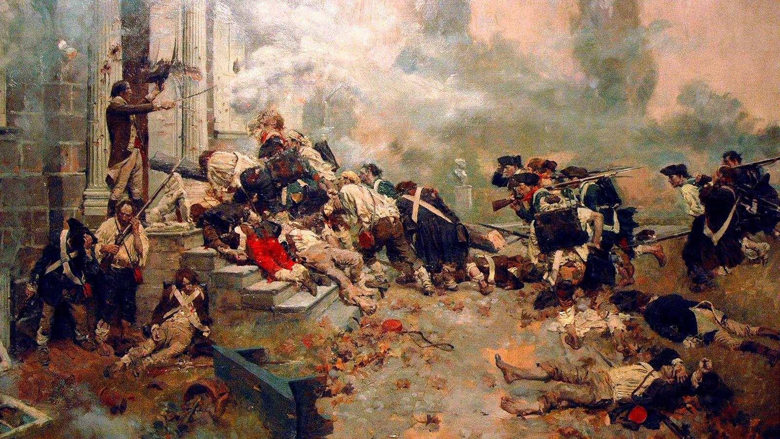 Continental soldiers charge forth at the Battle of Germantown