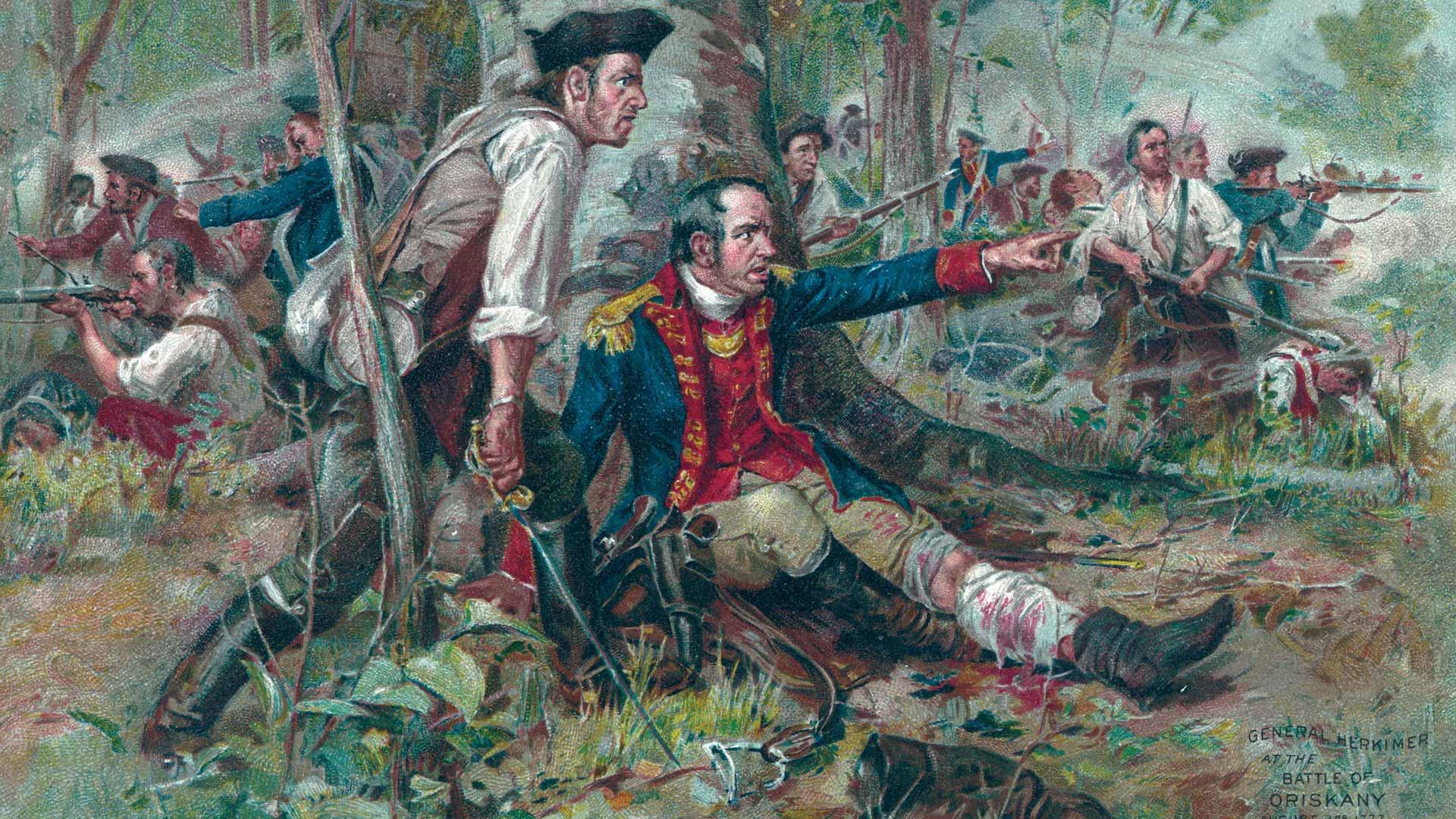 A wounded Nicholas Herkimer commanding his troops at Oriskany