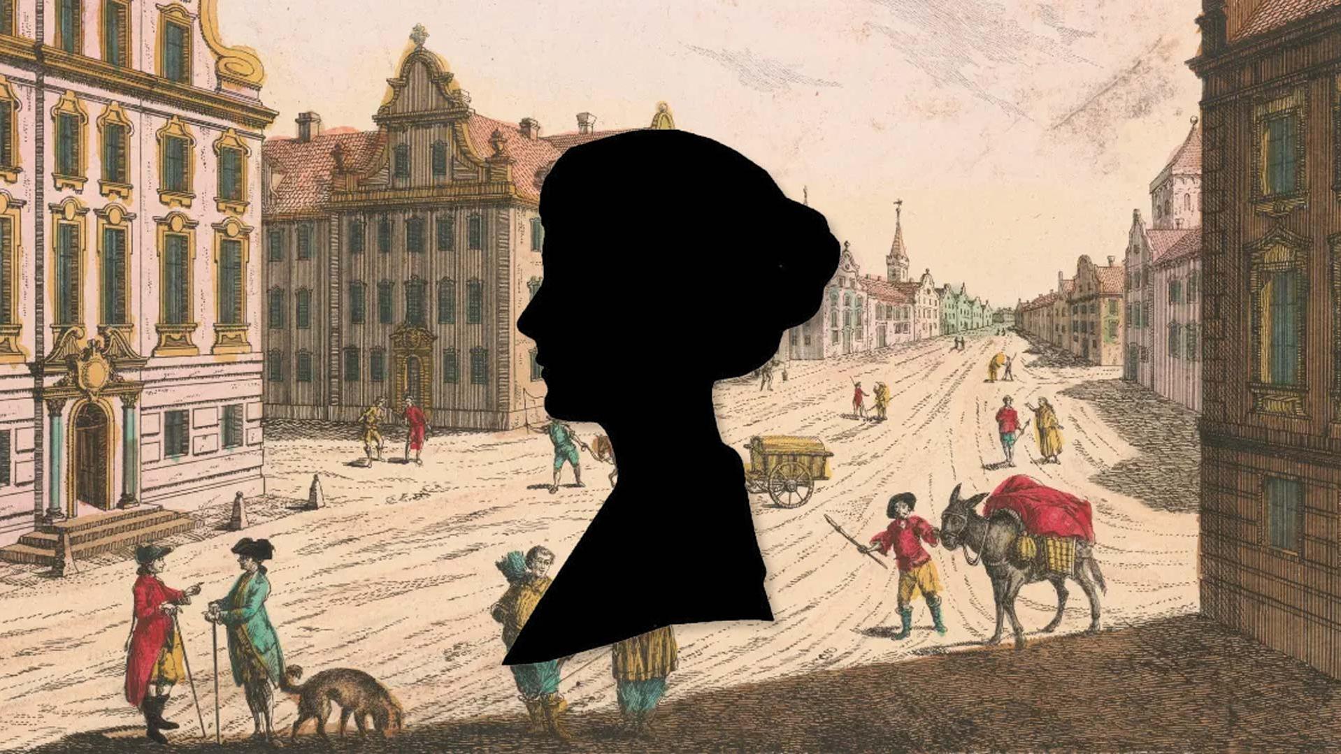 Portrait of a woman over a colonial Boston background