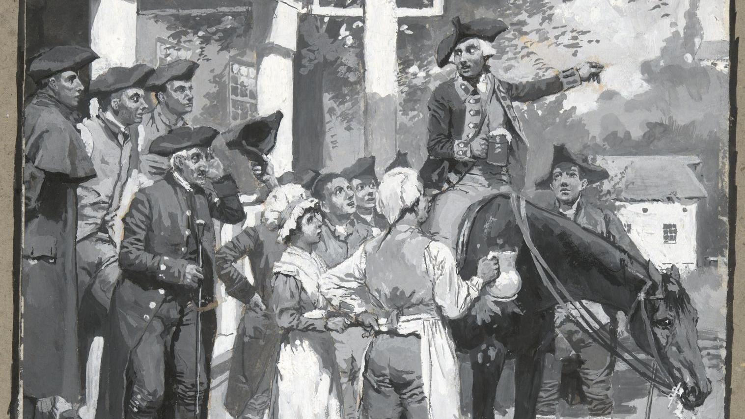 A drawing depicting Tench Tilghman on horseback drinking a mug of foaming beer, talking to people under a tavern sign. 