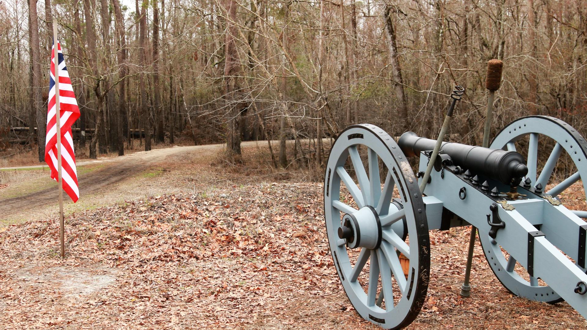 Cannon on a hill on a winter day. American flag to the left of the cannon