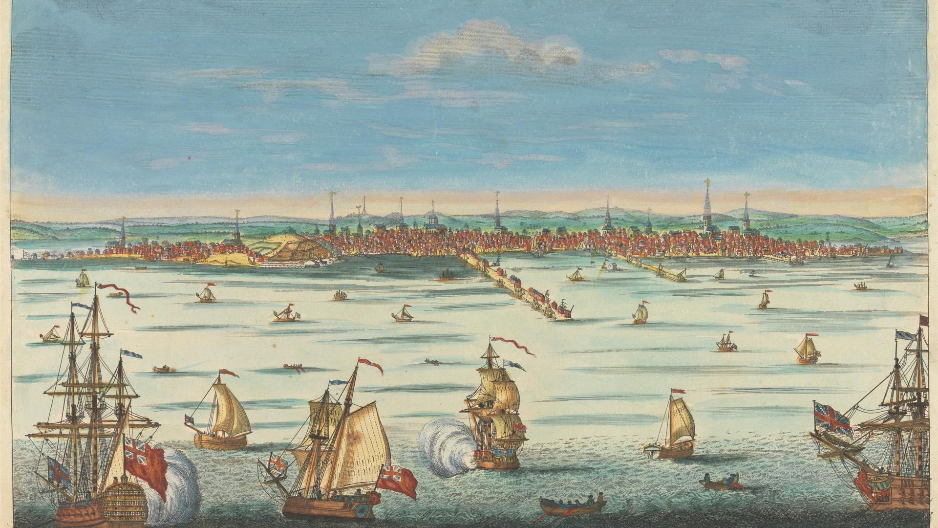 Hand-coloured engraving of the South-East View of Boston